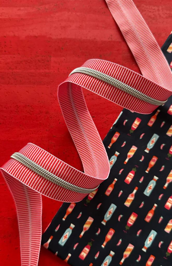 Zipper Tape- Red Stripe with Nickel