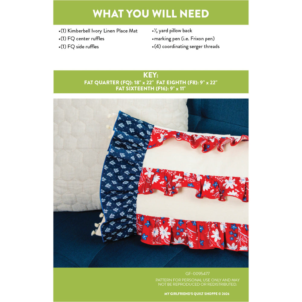 Patterned pillow with ruffles on a couch, with text listing materials and measurements.