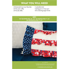 Patterned pillow with ruffles on a couch, with text listing materials and measurements.