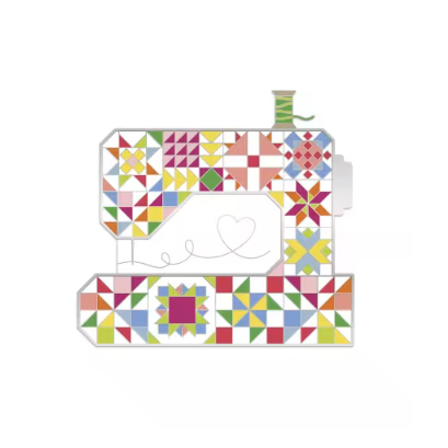Sewing machine with a colorful quilt design on a white background