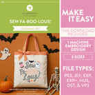 Promotional graphic for a downloadable embroidery design file titled 'Sew FA-BOO-LOUS!'. The left side shows a canvas tote bag with orange gingham handles and a printed Halloween-themed design, while the right side lists included file types and sizes on a pink background.