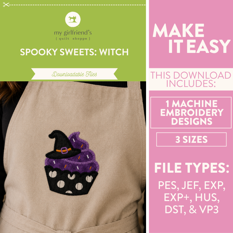 Embroidered witch hat design on a garment with promotional text for machine embroidery files.