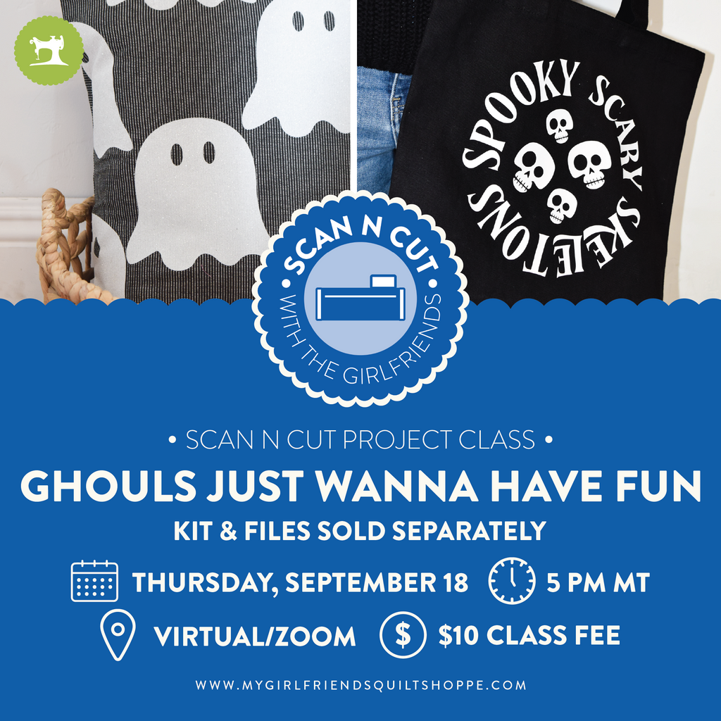 Promotional flyer for a Scan N Cut project class with Halloween-themed products and event details.