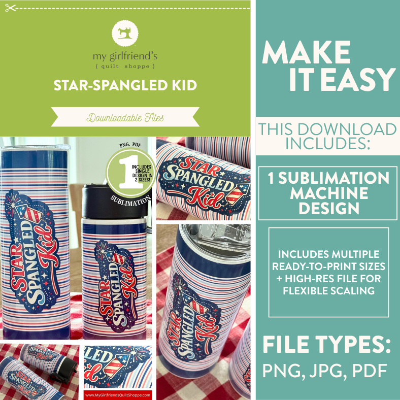 Promotional graphic for 'Star-Spangled Kid' sublimation design kit with product images and text.