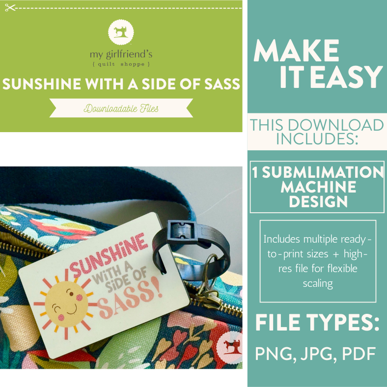 Promotional graphic for a sublimation design package with a colorful bag and tag featuring text and graphics.