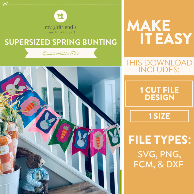 Supersized spring bunting with cut file design information on a staircase.
