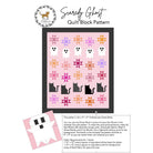 Scary Ghost Quilt Block Pattern by The Quilted Heart, featuring a framed quilt design with pink ghosts, black cats, and colorful star blocks, alongside fabric requirements details and a small finished quilt preview.