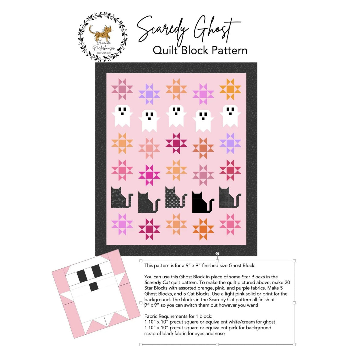 Scary Ghost Quilt Block Pattern by The Quilted Heart, featuring a framed quilt design with pink ghosts, black cats, and colorful star blocks, alongside fabric requirements details and a small finished quilt preview.