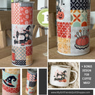 A collage showing a set of three quilted fabric tumbler wraps with a Halloween-themed patchwork design featuring a sewing machine witch, pumpkins, and autumn patterns. Includes a close-up of the wrap, a mockup on a tumbler, a mockup on a mug, and a promotional badge for a bonus design.