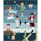 Illustrated scene with characters from Peter Pan, including Captain Hook and Wendy Darling, on a blue background.