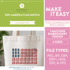 Canvas tote bag with embroidery design and promotional text for a sewing pattern download.