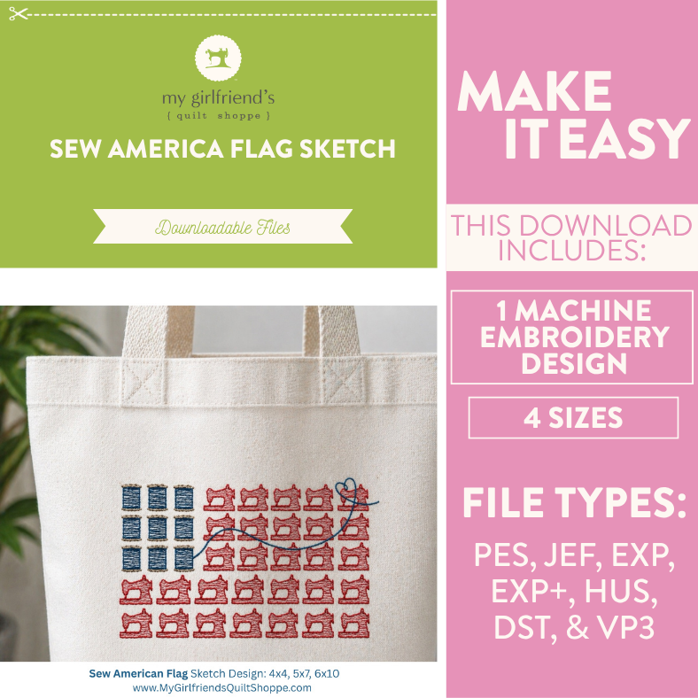 Canvas tote bag with embroidery design and promotional text for a sewing pattern download.