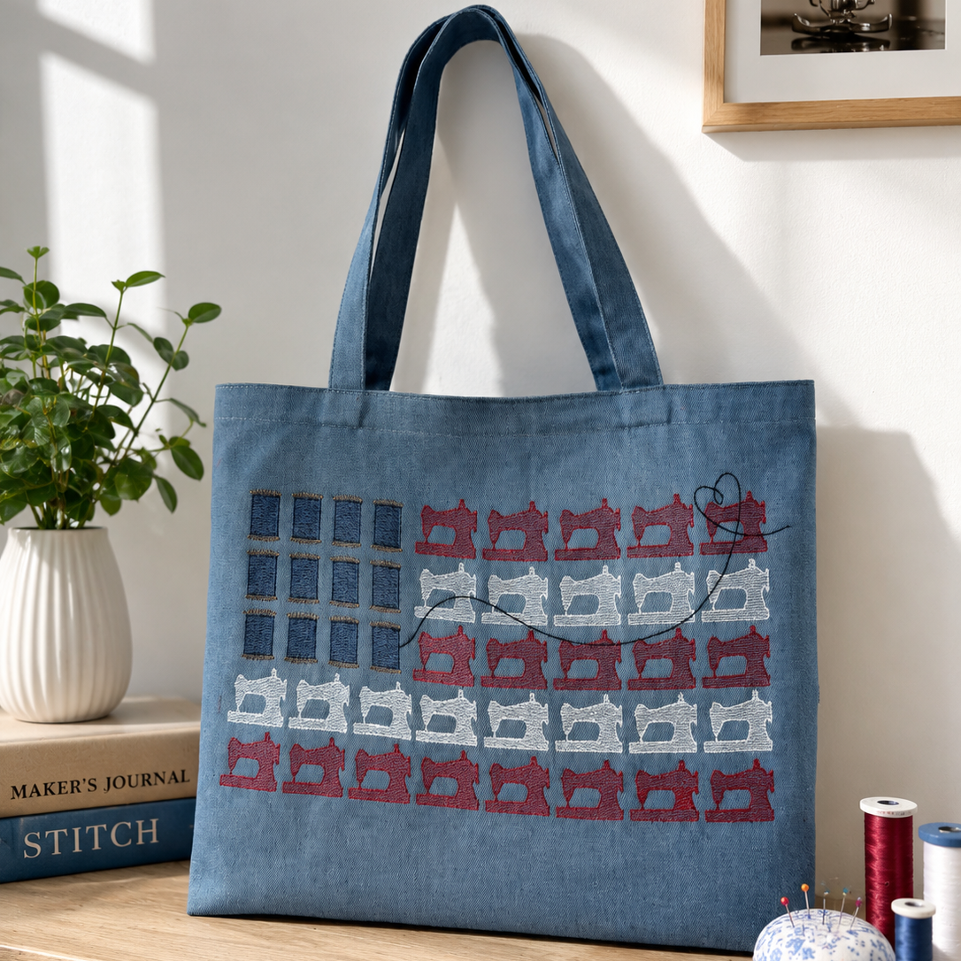 Blue tote bag with red and white pattern on a wooden surface with sewing supplies.