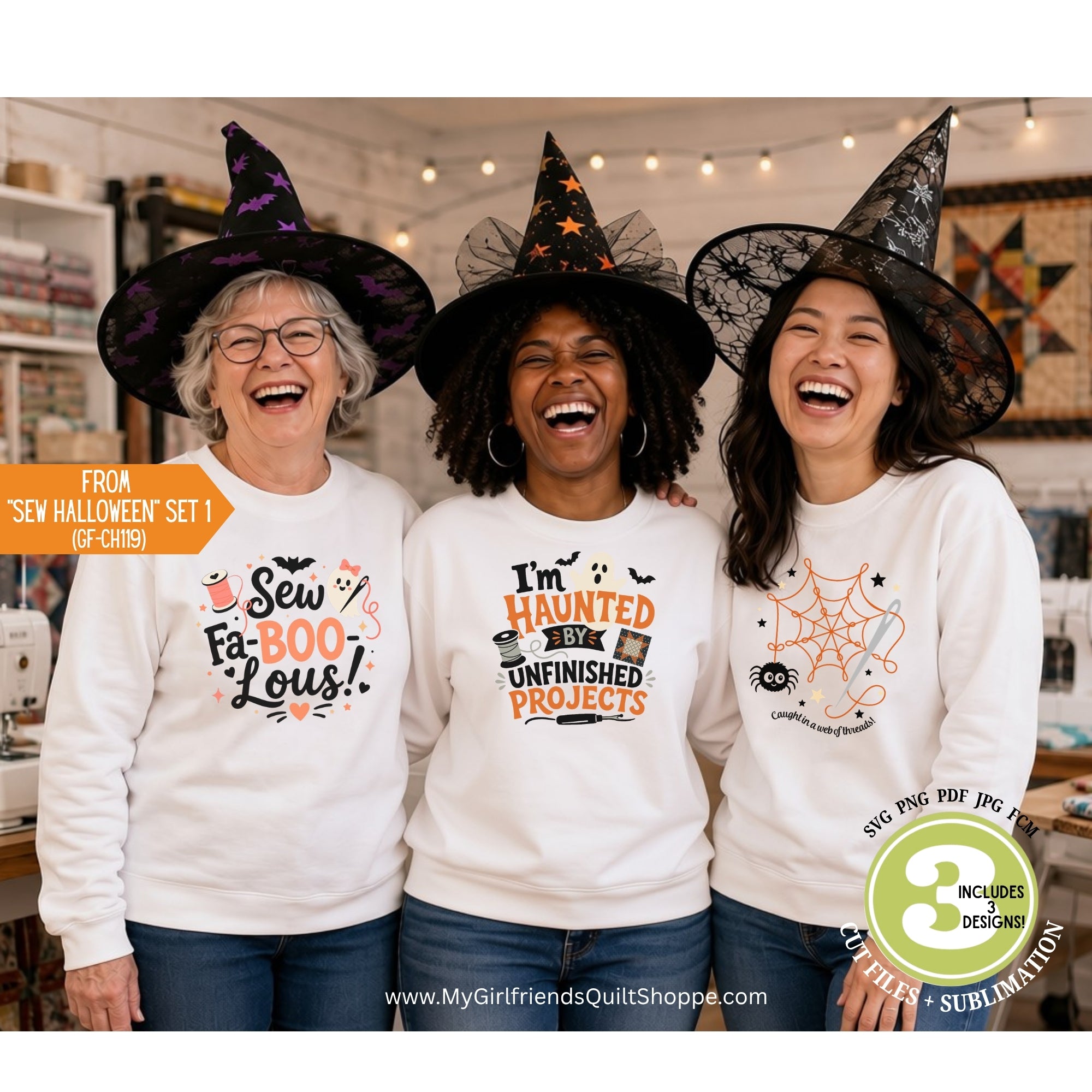 Three women wearing witch hats and white graphic t-shirts stand together in a sewing room. The shirts feature Halloween-themed designs: one says 'Sew Fa-BOC Lous!', one says 'I'm Haunted by Unfinished Projects', and one says 'Spooky Co-Ed'.