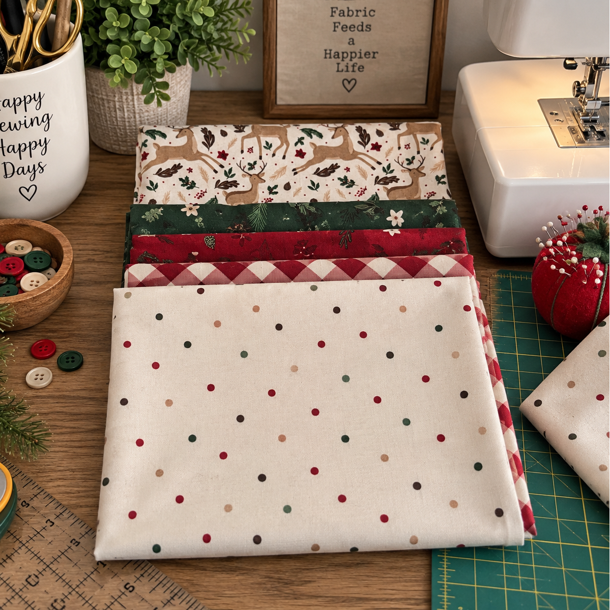 A stack of folded fabric pieces with holiday-themed patterns, including a cream polka dot fabric, a red and white checkered fabric, and a green floral fabric, displayed on a wooden table surrounded by sewing and crafting supplies.