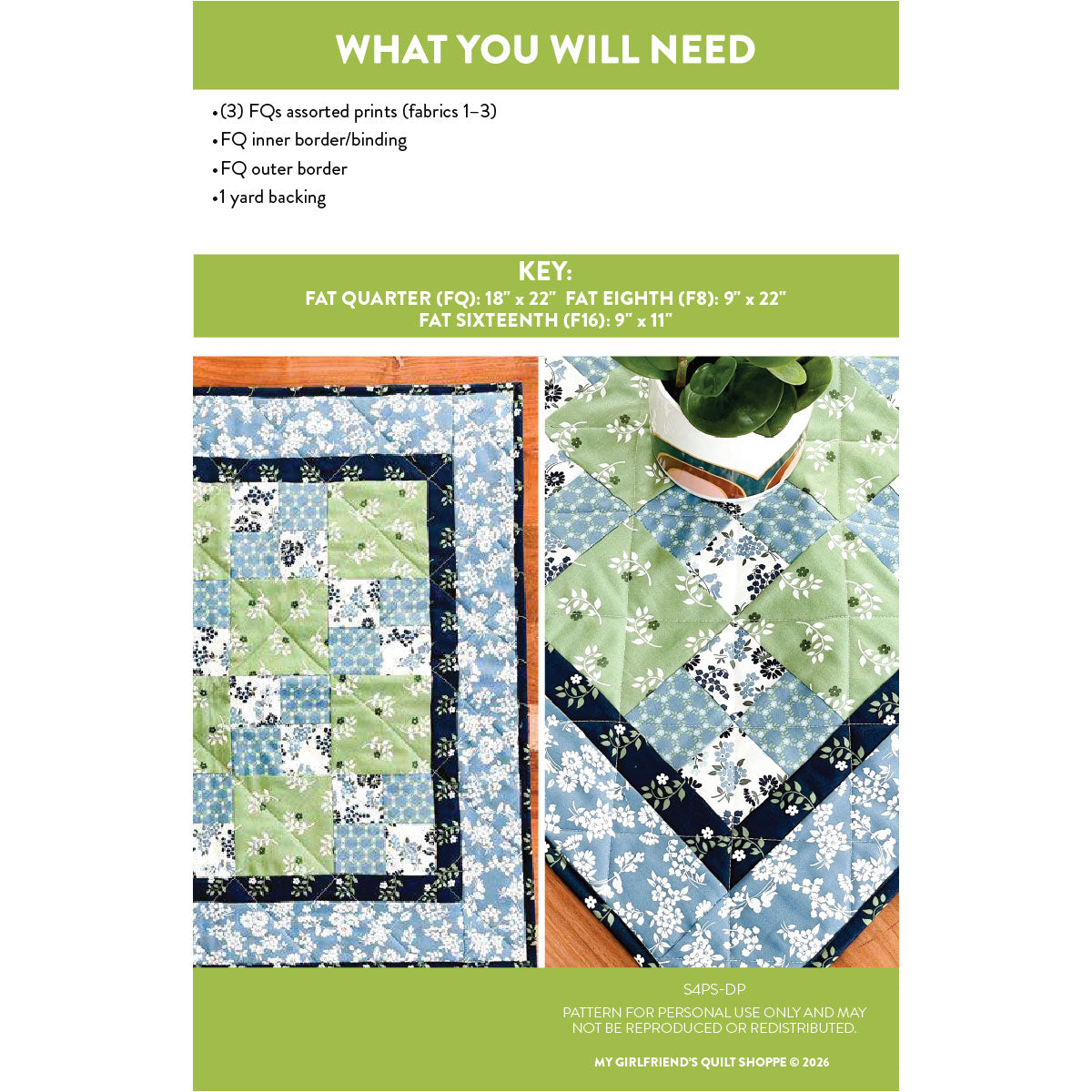 Quilt pattern with fabric requirements and key on a white background