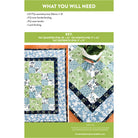 Quilt pattern with fabric requirements and key on a white background