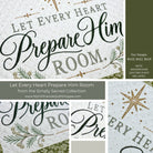 A collage showing close-up views of a quilting design with the phrase “Let Every Heart Prepare Him Room” in gray and black script on a white fabric background with gold glitter and green botanical accents. Text on the collage references the Simply Sacred Collection and includes size information for hoops.