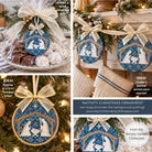 A collage showing a handmade nativity Christmas ornament in multiple uses: hanging in a real decorated Christmas tree, wrapped in cellophane with treats as a gift, and displayed on a mantel. The ornament is a round wooden hoop with a blue and white geometric pattern background and a beige stitched nativity scene featuring Mary, Joseph, baby Jesus, and animals.