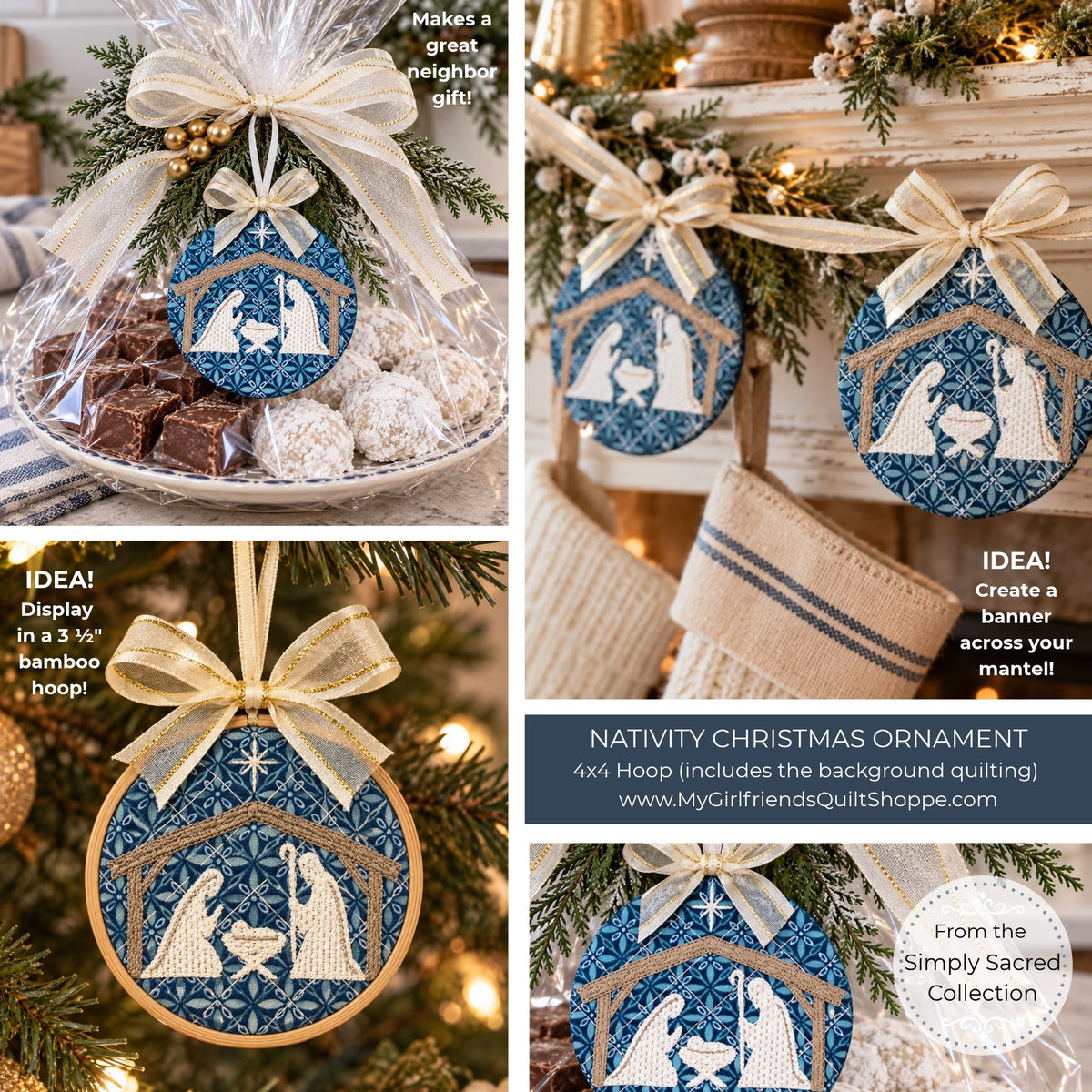 A collage showing a handmade nativity Christmas ornament in multiple uses: hanging in a real decorated Christmas tree, wrapped in cellophane with treats as a gift, and displayed on a mantel. The ornament is a round wooden hoop with a blue and white geometric pattern background and a beige stitched nativity scene featuring Mary, Joseph, baby Jesus, and animals.