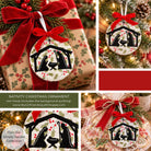 A collage showing a Christmas nativity ornament in multiple settings: attached to a wrapped gift with a red ribbon, hanging on a decorated Christmas tree, shown flat, and displayed in a clear gift bag. The ornament is round with a black nativity scene on a white background and a bright red ribbon bow.