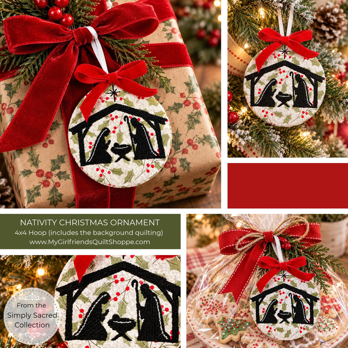A collage showing a Christmas nativity ornament in multiple settings: attached to a wrapped gift with a red ribbon, hanging on a decorated Christmas tree, shown flat, and displayed in a clear gift bag. The ornament is round with a black nativity scene on a white background and a bright red ribbon bow.