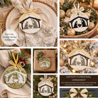 A collage showing multiple decorated oval Christmas ornaments with nativity scene cutouts, styled on plates, wrapped in kraft paper, and hanging in festive settings. Text on the image reads 'From the Simply Sacred Collection' and 'Nativity Christmas Ornament,' with a website URL at the bottom.