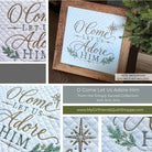 A collage showing a framed embroidered sign reading “O Come Let Us Adore Him” on a quilted white fabric background, with close-up detail panels and a central text banner identifying the product as from the Simply Sacred Collection. The sign is displayed in a wooden frame, with evergreen branches around it.