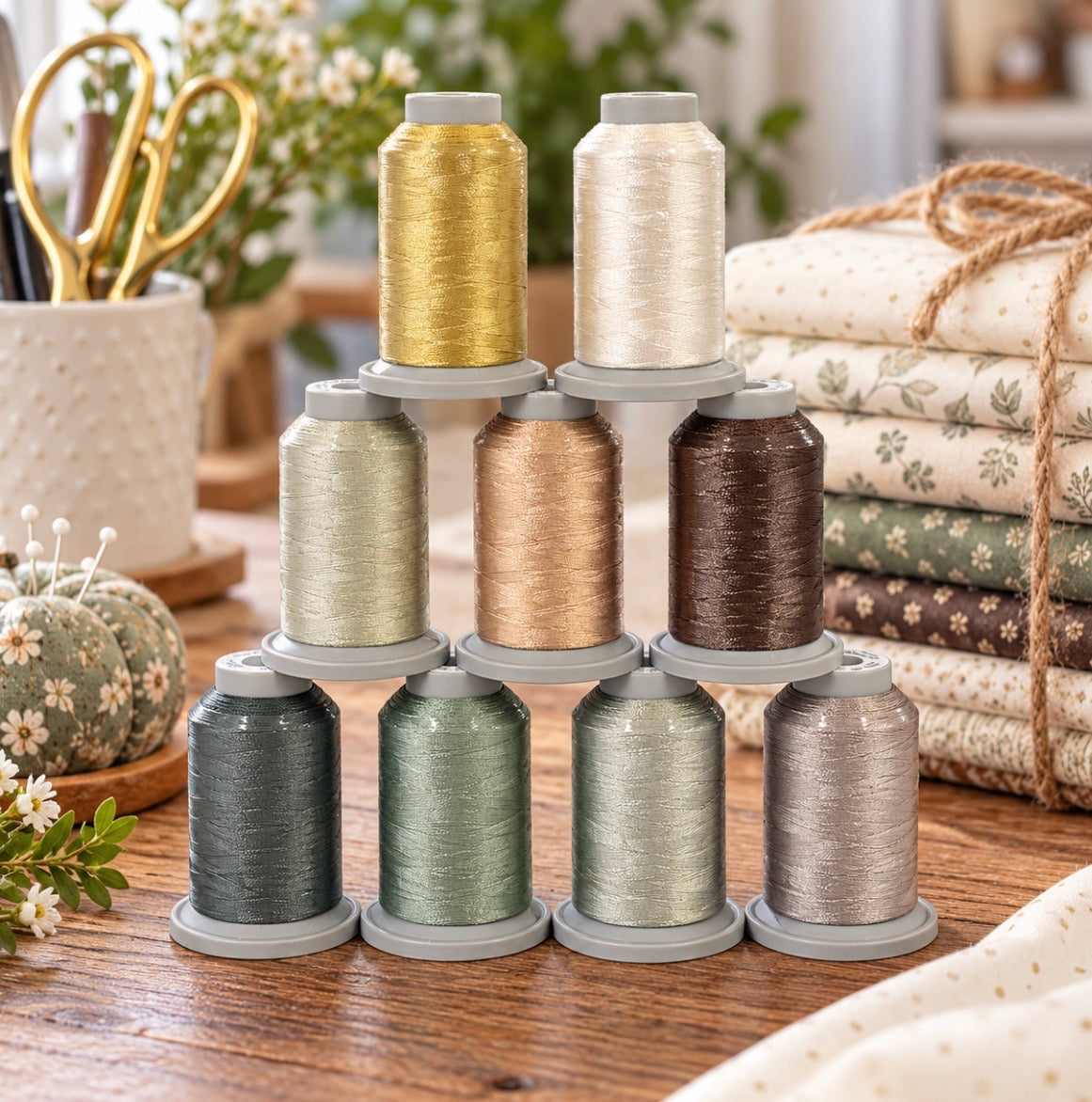 Nine spools of thread in assorted colors and textures, stacked in a pyramid on a wooden table with sewing-themed props like scissors, fabric, and decorative pumpkins.