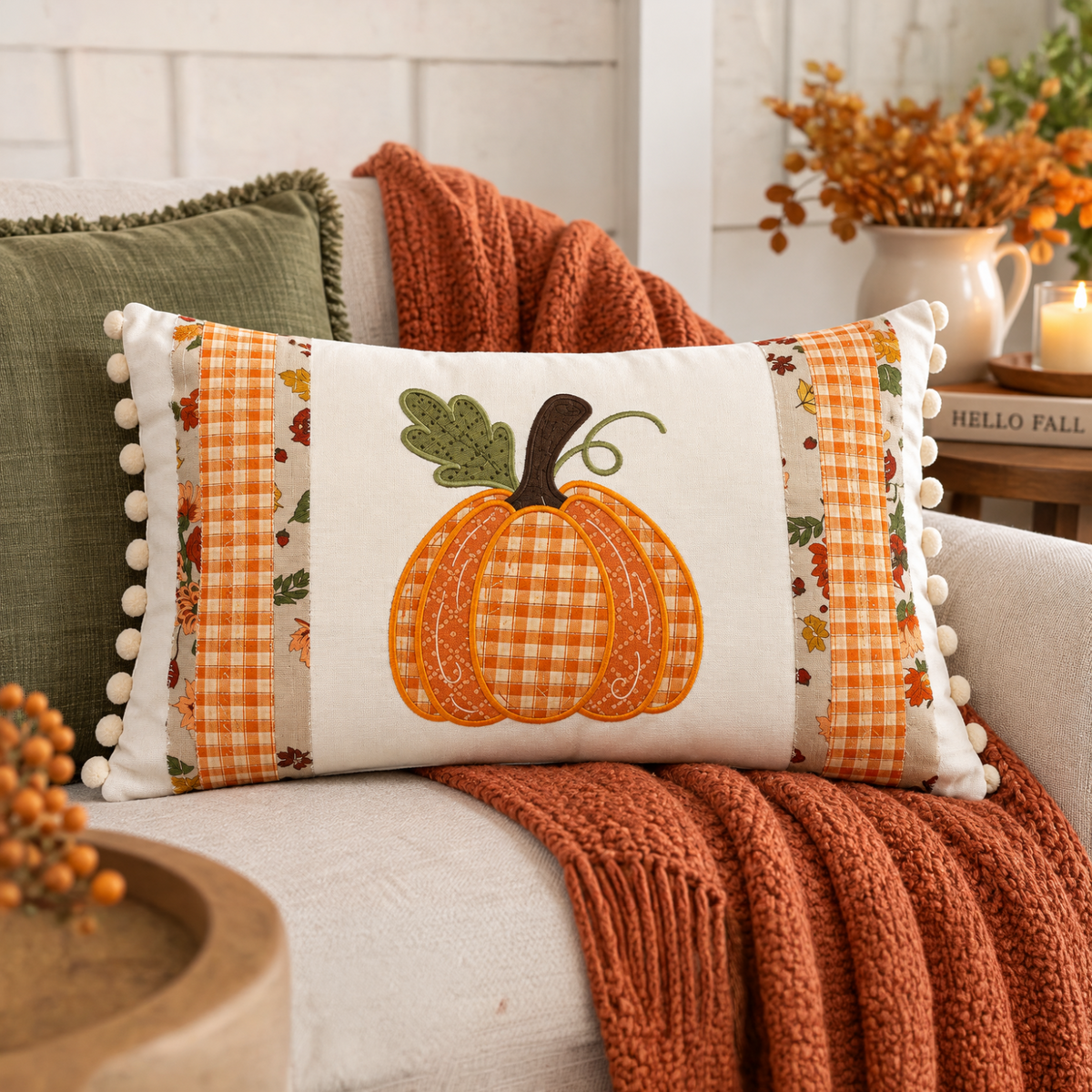 An autumn-themed rectangular throw pillow with a white center, orange gingham pumpkin design, and orange gingham side panels with pom-pom trim, styled on a sofa with an orange knit blanket and other home decor.