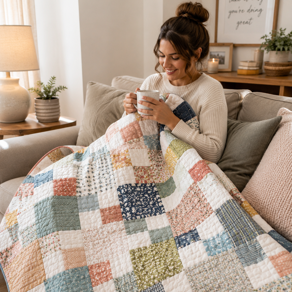 A woman sits on a couch in a cozy living room, wrapped in a large patchwork quilted throw blanket with pastel and earthy tones. She holds a white mug, and the quilt features square patches in blue, beige, green, pink, and yellow.