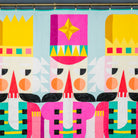 A colorful quilted wall hanging or tapestry featuring three stylized nutcracker figures in bright geometric patterns, suspended from a metal rod against a dark gray wall.