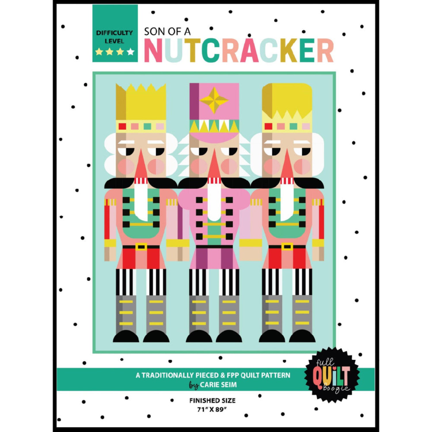 Cover of 'Son of a Nutcracker' quilt pattern with colorful nutcracker design on a light blue background.