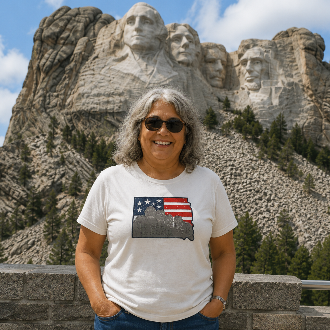 Person wearing a t-shirt with a mountain design in front of Mount Rushmore