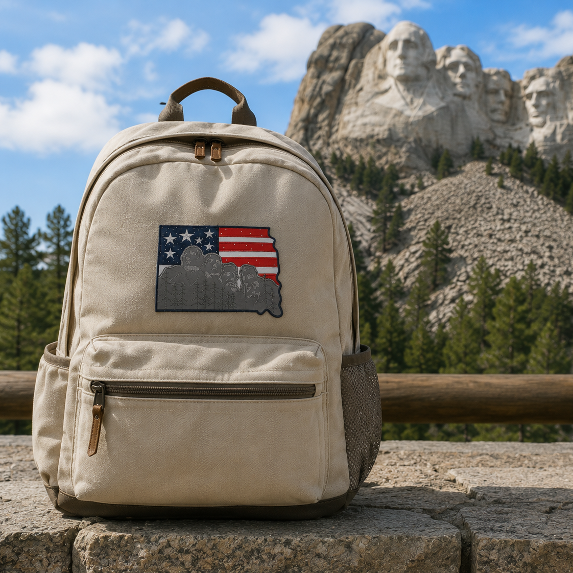 Beige backpack with a South Dakota design in front of Mount Rushmore