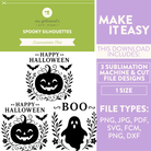 Promotional graphic for a downloadable Halloween sublimation machine and cut file design pack. The left side shows black pumpkin and ghost silhouettes with decorative flourishes and the words 'Happy Halloween' and 'Boo' on a white background.