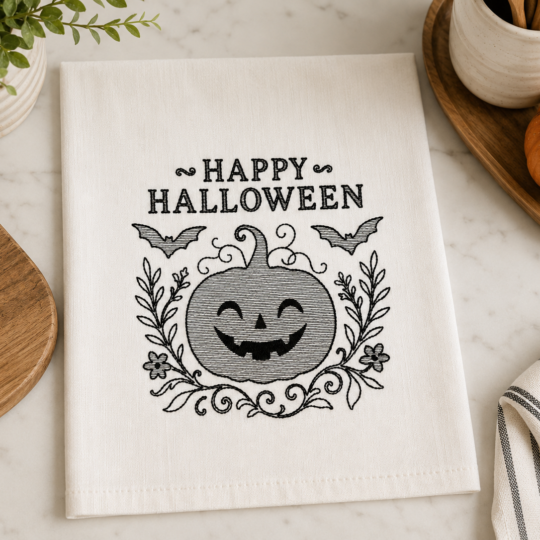 A white kitchen tea towel with a black embroidered 'Happy Halloween' design featuring a smiling jack-o'-lantern, bats, and floral scrollwork, styled on a marble surface with seasonal props.
