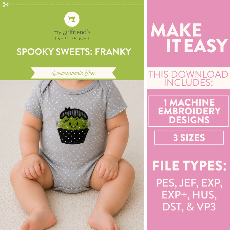 Baby wearing a onesie with a Frankenstein design, surrounded by promotional text for machine embroidery designs.