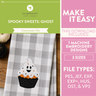 Embroidery design package for a ghost-themed cupcake on a checkered fabric background.