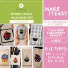 Halloween-themed product set with machine embroidery designs on a green and pink background.