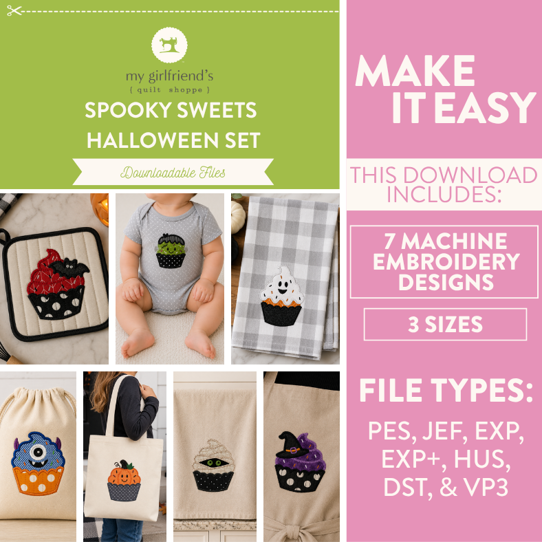Halloween-themed product set with machine embroidery designs on a green and pink background.