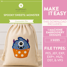 Embroidered monster design on a drawstring bag with product details on a green and pink background.