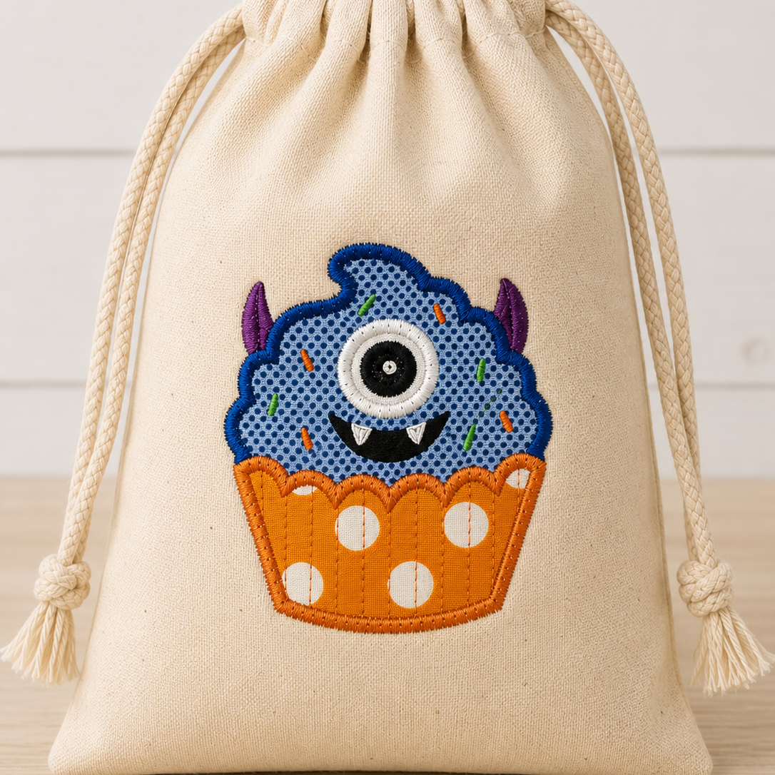 Beige drawstring bag with a colorful monster design on a wooden surface.