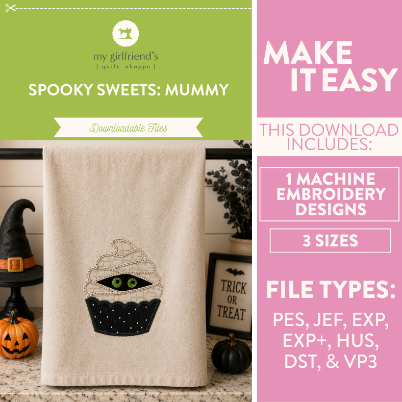 Halloween-themed machine embroidery design on a towel with product details.