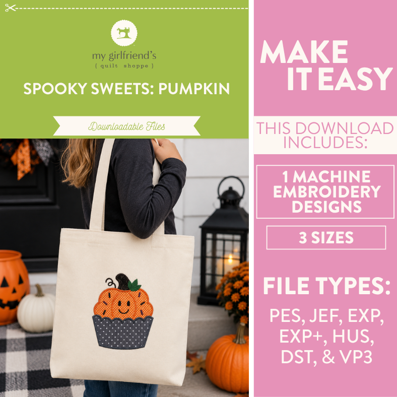 Tote bag with pumpkin design held by a person, surrounded by pumpkins and a lantern, with text about downloadable files.