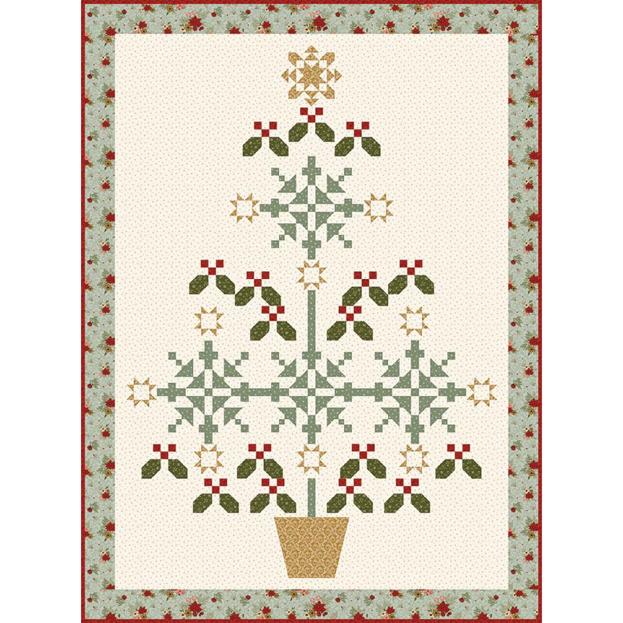 Christmas-themed quilt with geometric patterns and a snowflake design on a white background.