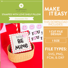 Promotional graphic for a 'Be Mine' shelf pillow with download information on a green and beige background.