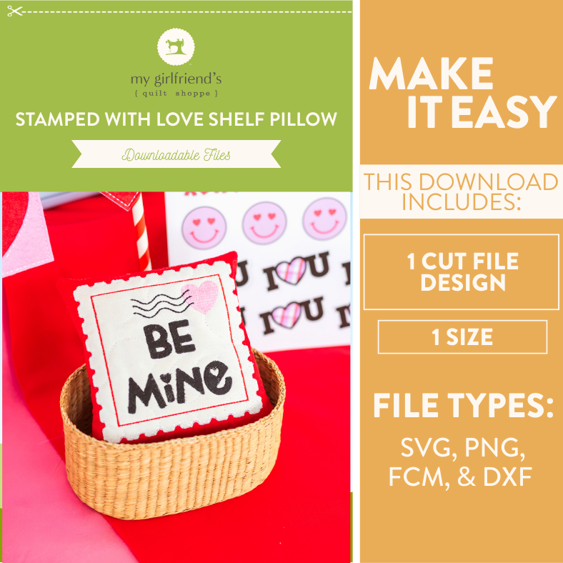 Promotional graphic for a 'Be Mine' shelf pillow with download information on a green and beige background.