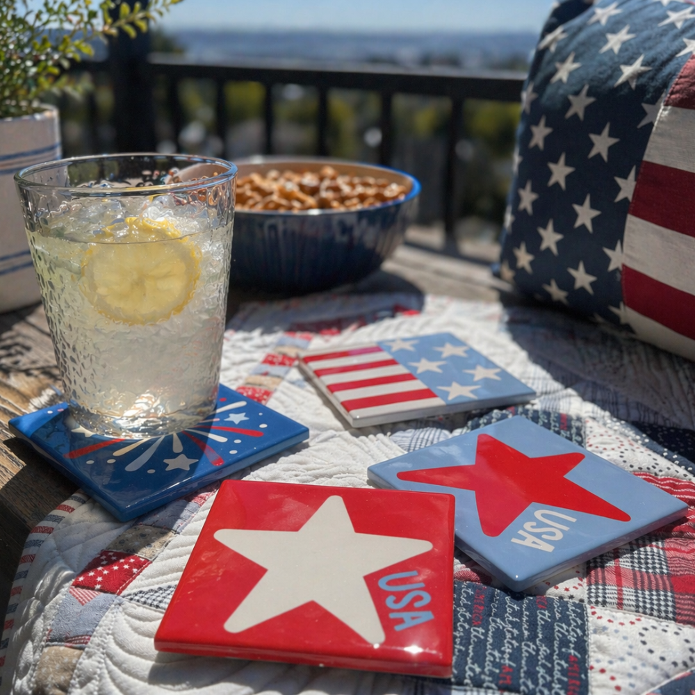 Outdoor setting with a glass of lemonade, bowl of snacks, and patriotic coasters on a table.