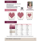 A quilt pattern information sheet for Starry Sweetheart and Shadow Valley Quilts, showing quilt sizes labeled Baby Lap, Throw, and King with heart-shaped quilt illustrations, fabric requirement tables, a QR code, and a small user photo.